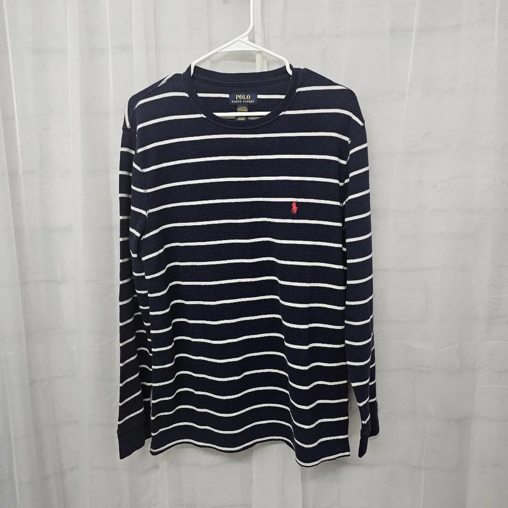 Polo Navy Blue White Striped Long Sleeve Thermal Tee Nautical Preppy Unisex L